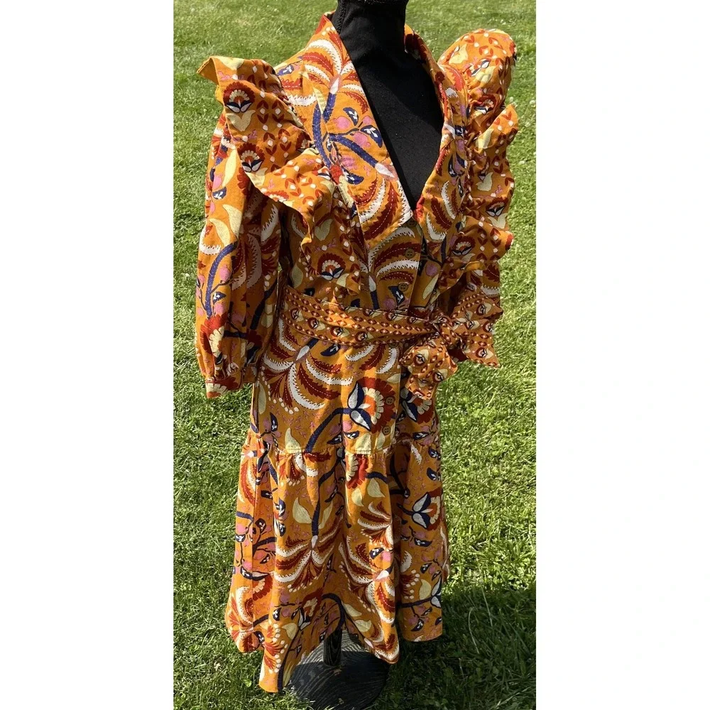 Farm Rio Shirt Dress Womens Small Yellow‎ Palms Party Midi Ruffle Belted Floral